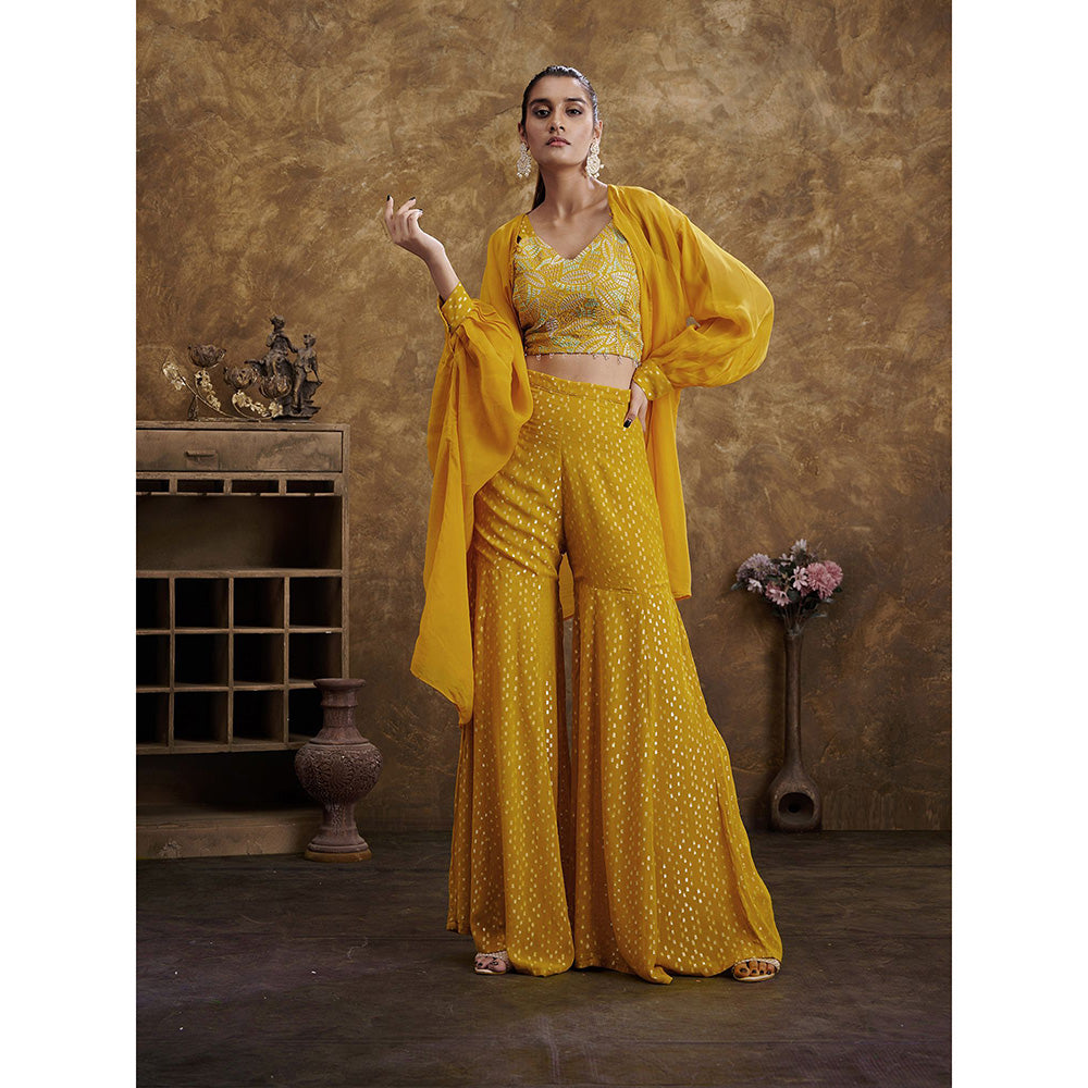 AFFROZ Sitaara Yellow Crop Top with Sharara and Cape (Set of 3)