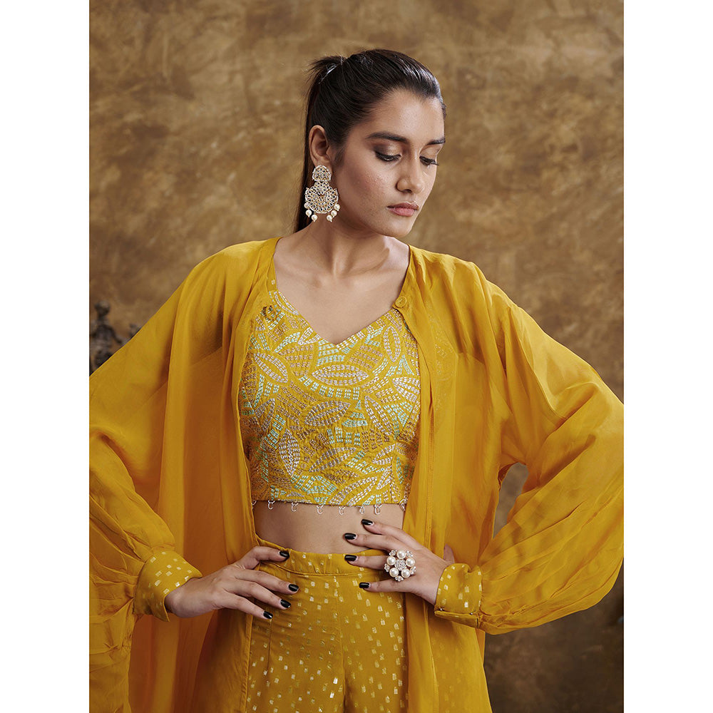 AFFROZ Sitaara Yellow Crop Top with Sharara and Cape (Set of 3)