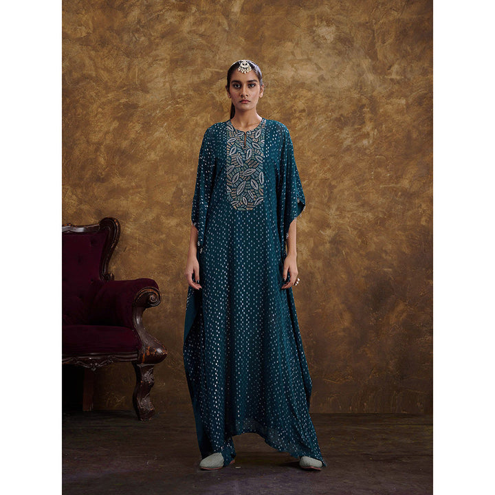 AFFROZ Sitaara Prussian Blue Embroidered Kaftan Dress with Inner (Set of 2)