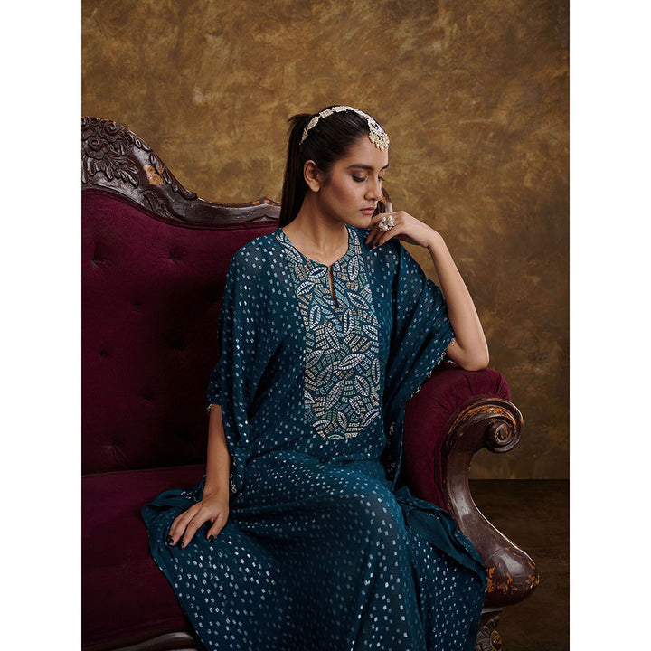 AFFROZ Sitaara Prussian Blue Embroidered Kaftan Dress with Inner (Set of 2)