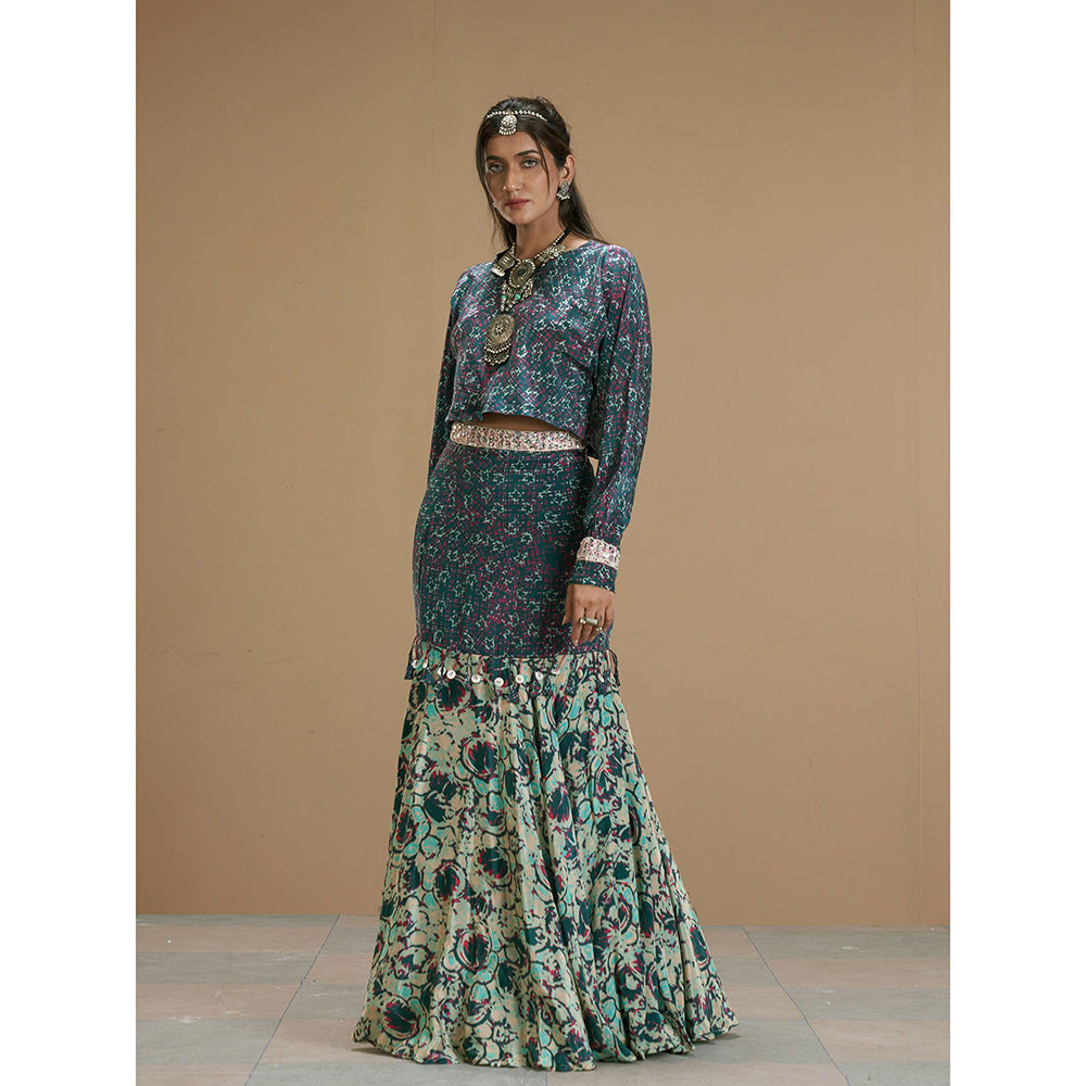 AFFROZ Taabir Green Printed Skirt and Crop Top (Set of 3)