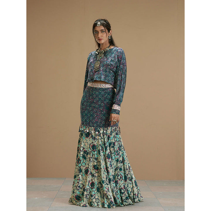 AFFROZ Taabir Green Printed Skirt and Crop Top (Set of 3)