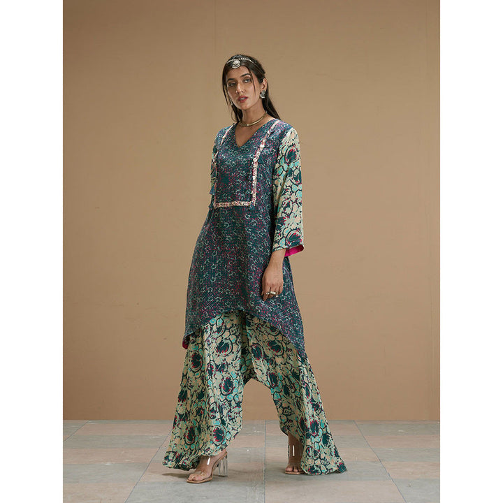 AFFROZ Taabir Green Asymmetrical Kurta with Flared Palazzo (Set of 2)