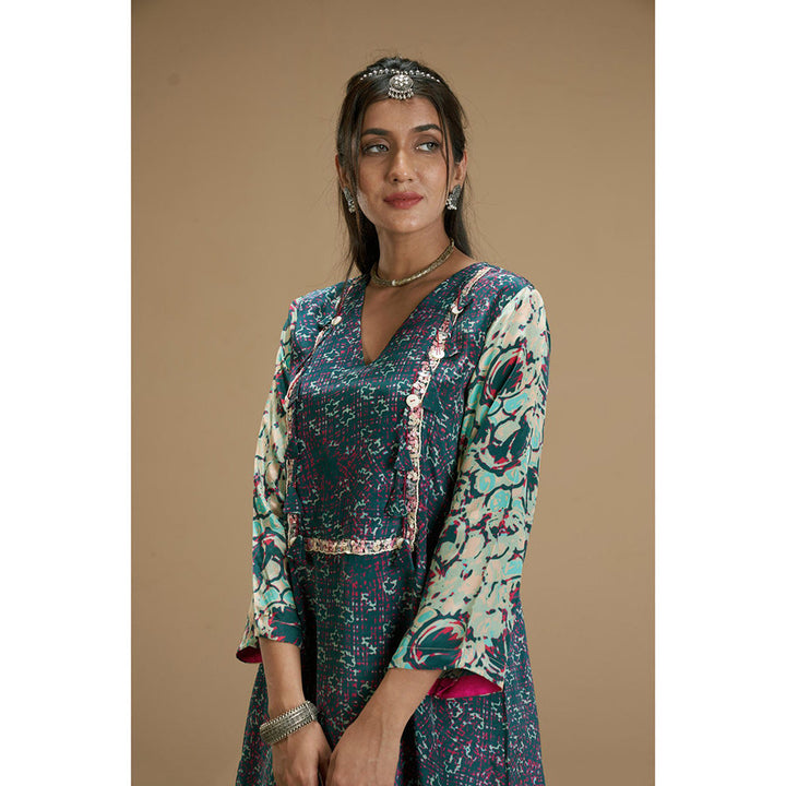 AFFROZ Taabir Green Asymmetrical Kurta with Flared Palazzo (Set of 2)