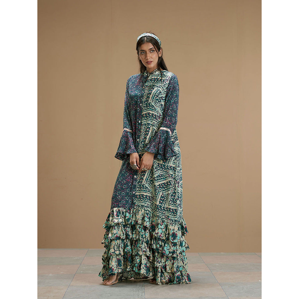 AFFROZ Taabir Green Color Printed Ruffled Maxi Dress