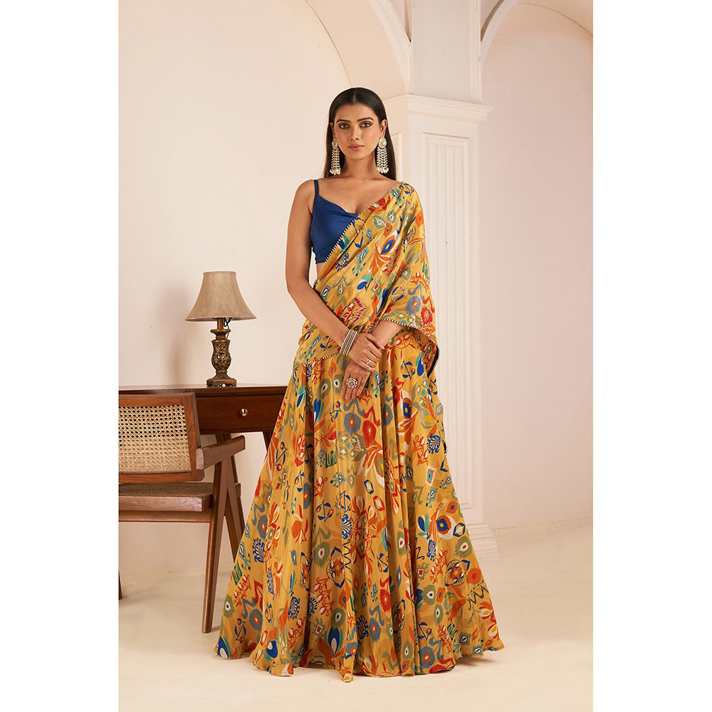 AFFROZ Mustard Yellow Printed Lehenga Saree with Cowl Neck Stitched Blouse