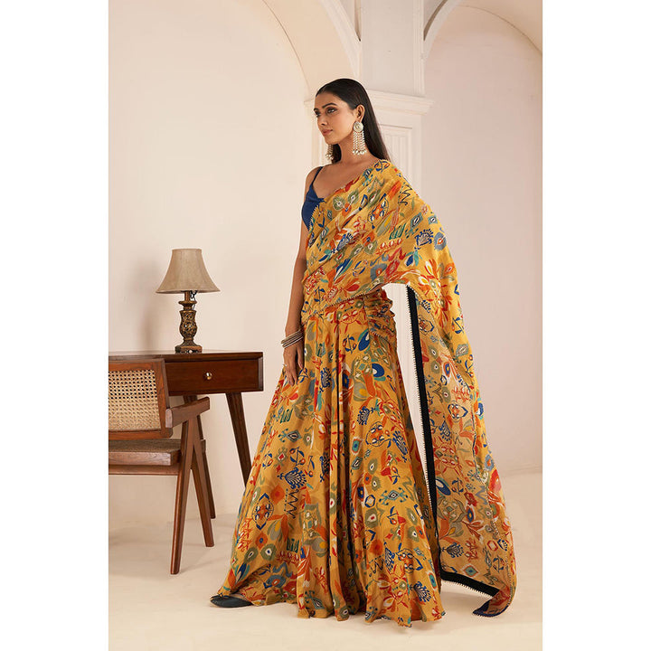 AFFROZ Mustard Yellow Printed Lehenga Saree with Cowl Neck Stitched Blouse