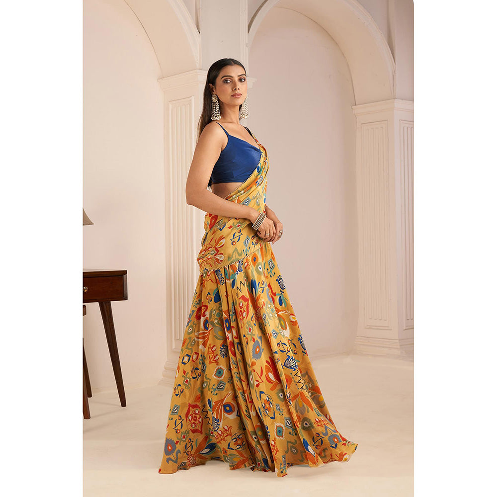 AFFROZ Mustard Yellow Printed Lehenga Saree with Cowl Neck Stitched Blouse