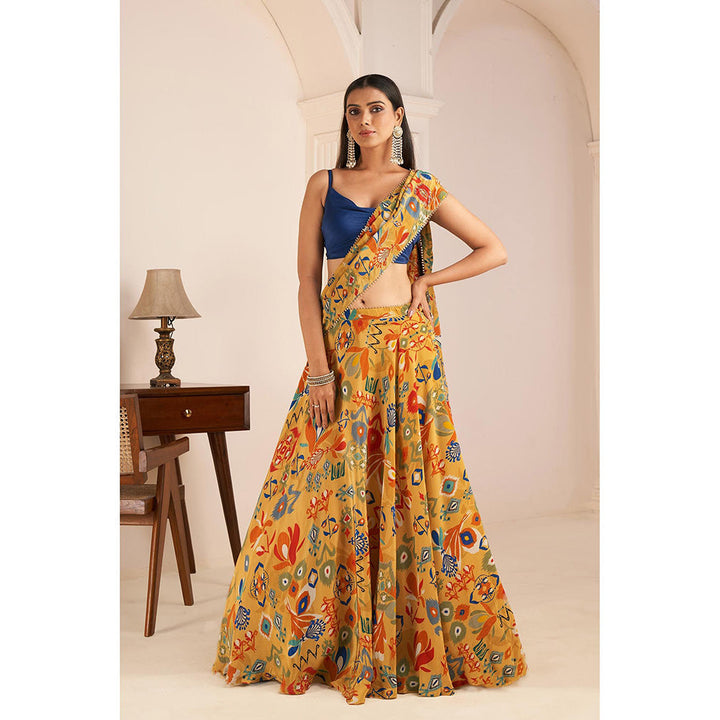 AFFROZ Mustard Yellow Printed Lehenga Saree with Cowl Neck Stitched Blouse