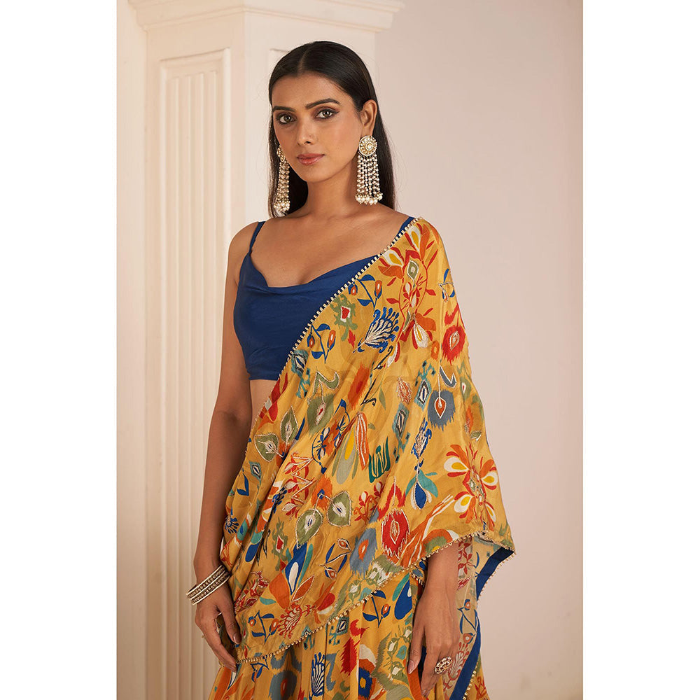 AFFROZ Mustard Yellow Printed Lehenga Saree with Cowl Neck Stitched Blouse