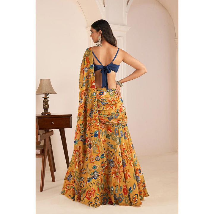 AFFROZ Mustard Yellow Printed Lehenga Saree with Cowl Neck Stitched Blouse