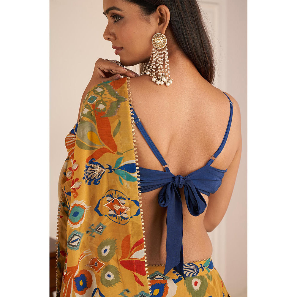 AFFROZ Mustard Yellow Printed Lehenga Saree with Cowl Neck Stitched Blouse