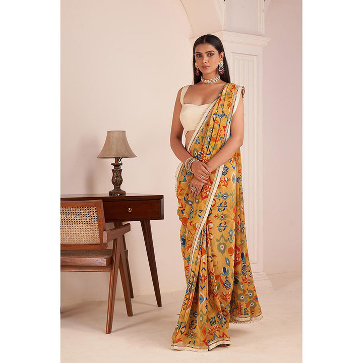 AFFROZ Mustard Yellow Printed Saree with Stitched Blouse