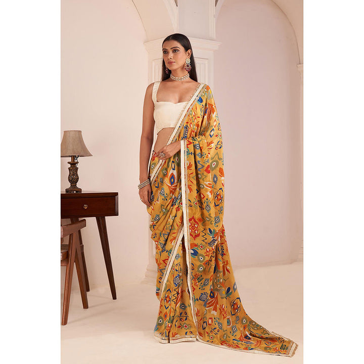 AFFROZ Mustard Yellow Printed Saree with Stitched Blouse