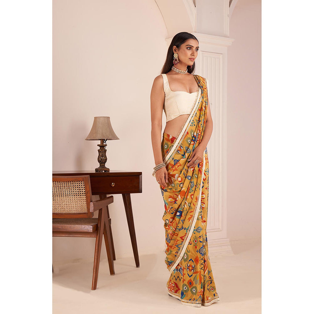 AFFROZ Mustard Yellow Printed Saree with Stitched Blouse