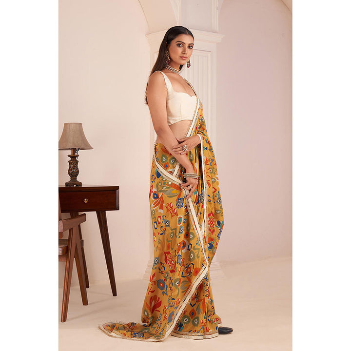 AFFROZ Mustard Yellow Printed Saree with Stitched Blouse