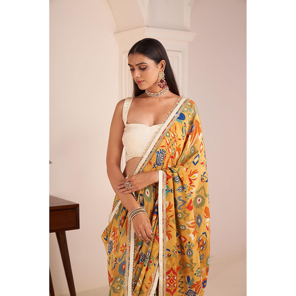 AFFROZ Mustard Yellow Printed Saree with Stitched Blouse