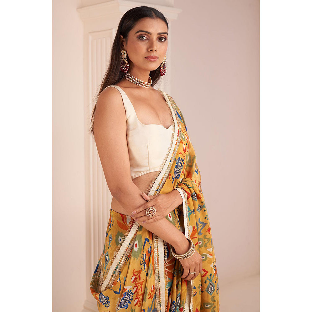 AFFROZ Mustard Yellow Printed Saree with Stitched Blouse