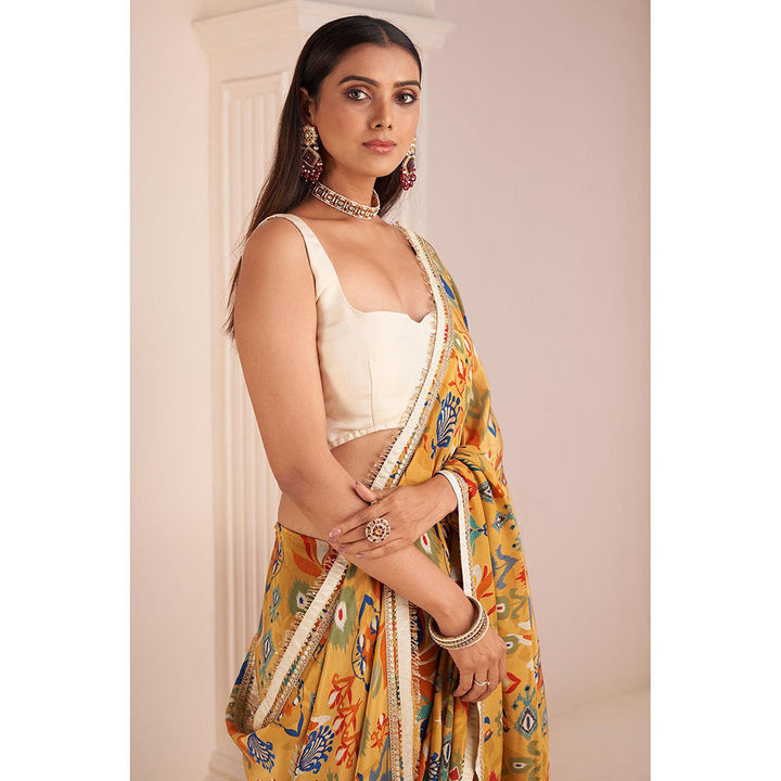 AFFROZ Mustard Yellow Printed Saree with Stitched Blouse