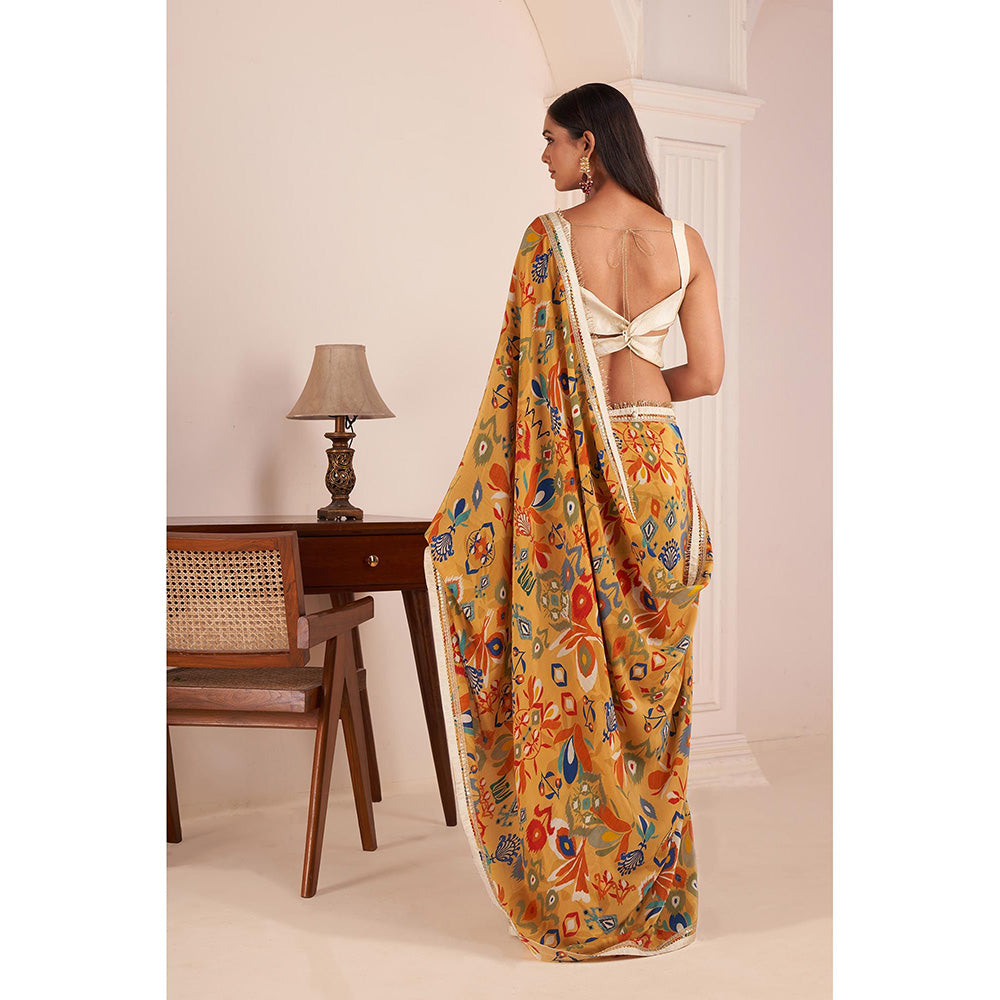 AFFROZ Mustard Yellow Printed Saree with Stitched Blouse