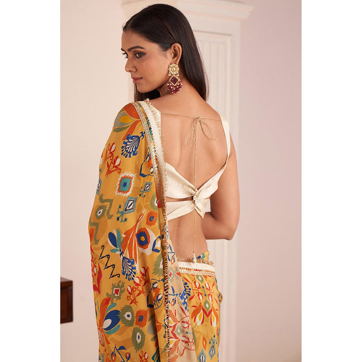 AFFROZ Mustard Yellow Printed Saree with Stitched Blouse