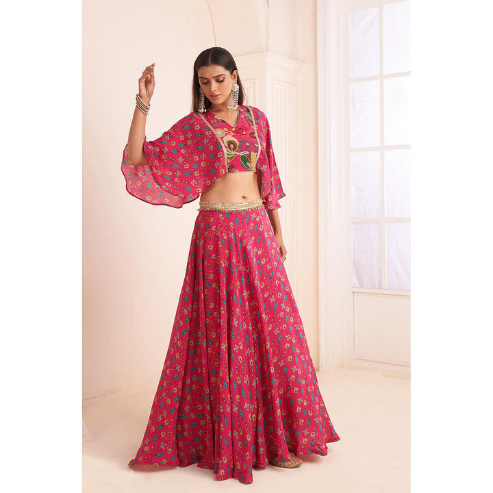 AFFROZ Hot Pink Printed Lehenga with Cape Blouse (Set of 2)