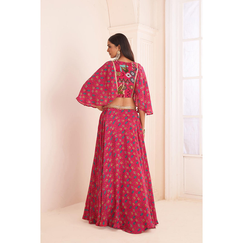 AFFROZ Hot Pink Printed Lehenga with Cape Blouse (Set of 2)