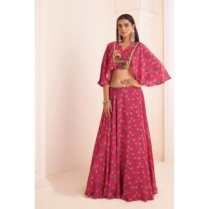 AFFROZ Hot Pink Printed Lehenga with Cape Blouse (Set of 2)