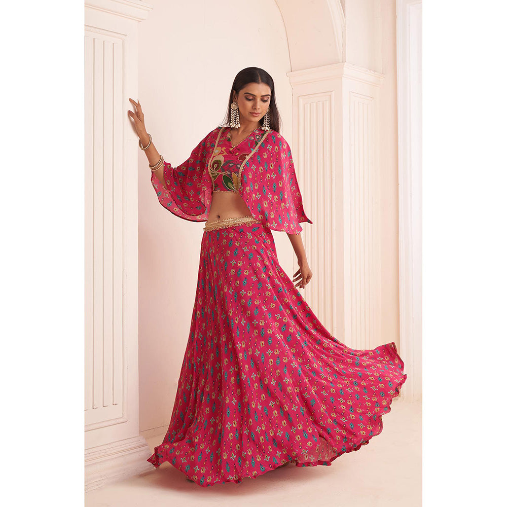 AFFROZ Hot Pink Printed Lehenga with Cape Blouse (Set of 2)