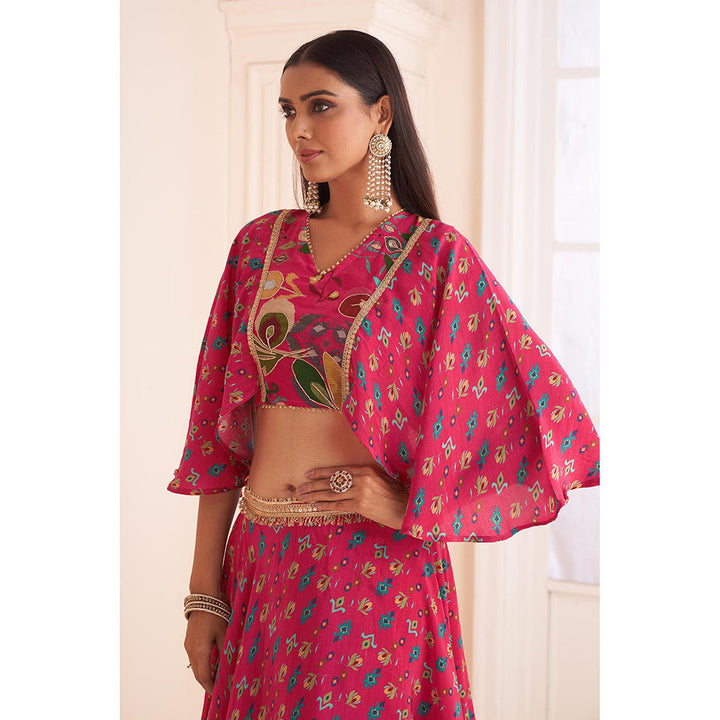 AFFROZ Hot Pink Printed Lehenga with Cape Blouse (Set of 2)