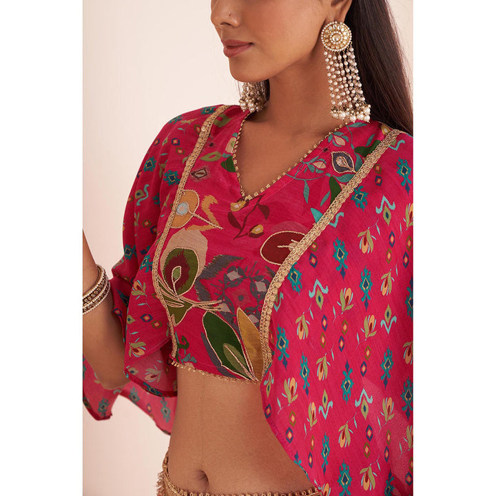 AFFROZ Hot Pink Printed Lehenga with Cape Blouse (Set of 2)