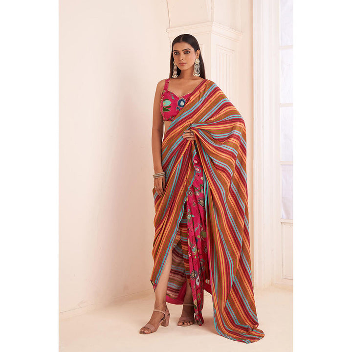 AFFROZ Pink Striped Pre Drape Saree with Embroidered Stitched Blouse