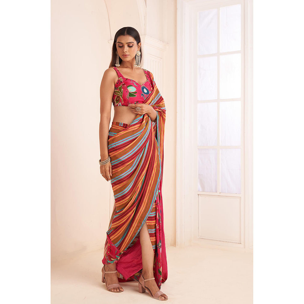 AFFROZ Pink Striped Pre Drape Saree with Embroidered Stitched Blouse