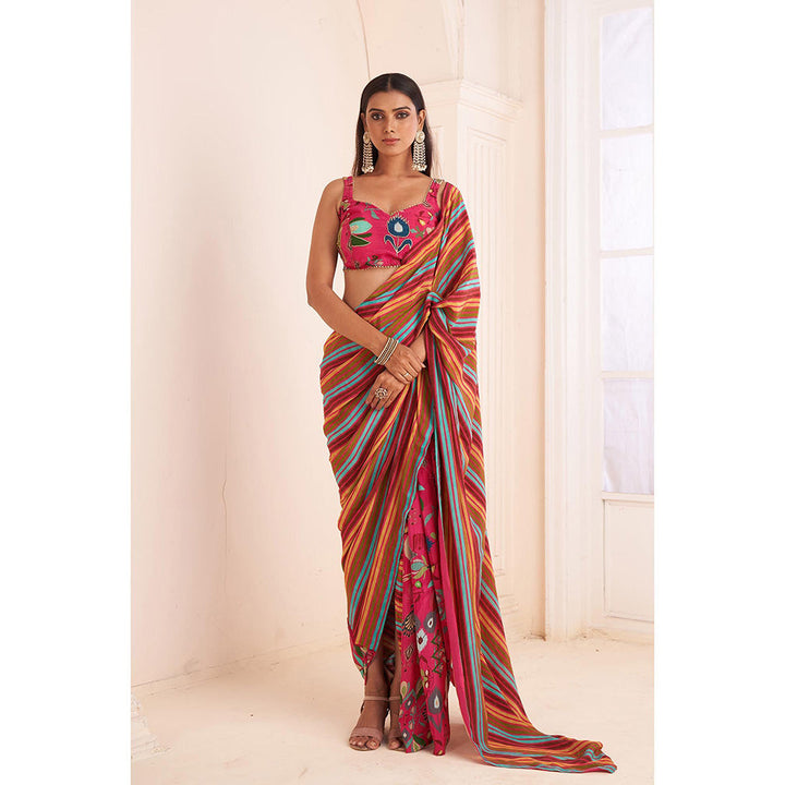 AFFROZ Pink Striped Pre Drape Saree with Embroidered Stitched Blouse