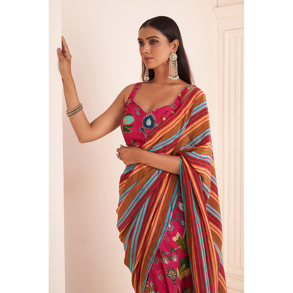 AFFROZ Pink Striped Pre Drape Saree with Embroidered Stitched Blouse