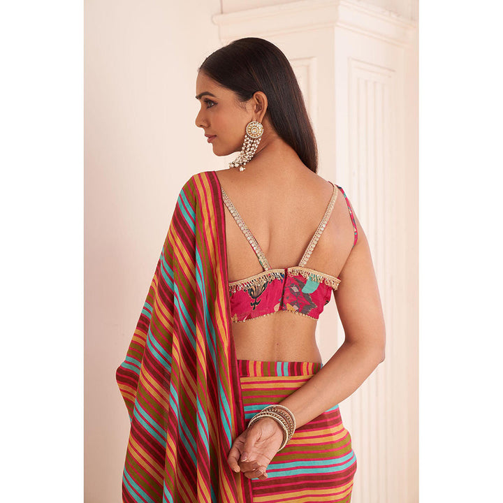 AFFROZ Pink Striped Pre Drape Saree with Embroidered Stitched Blouse