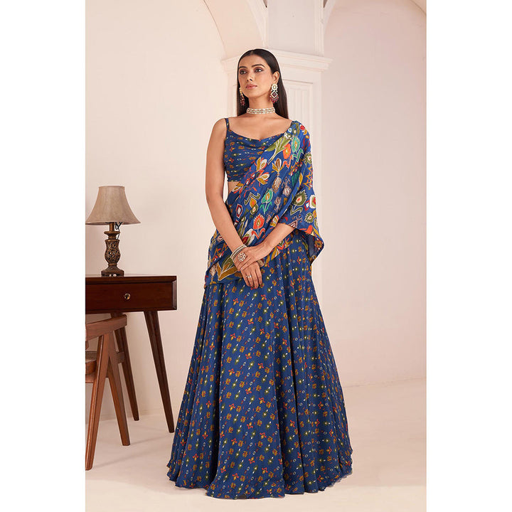 AFFROZ Blue Embroidered & Printed Lehenga Saree with Stitched Blouse