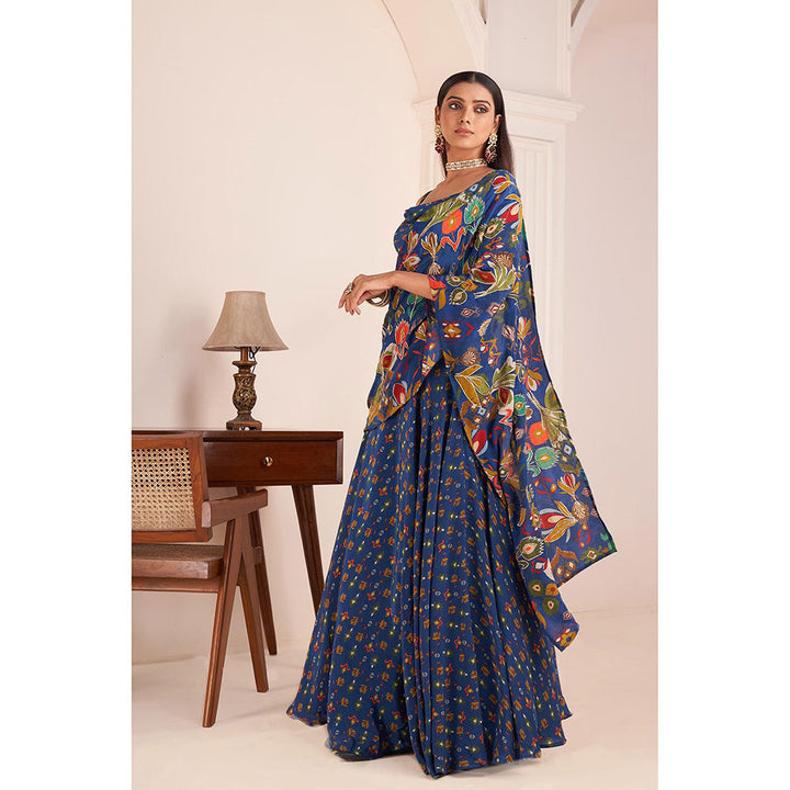 AFFROZ Blue Embroidered & Printed Lehenga Saree with Stitched Blouse