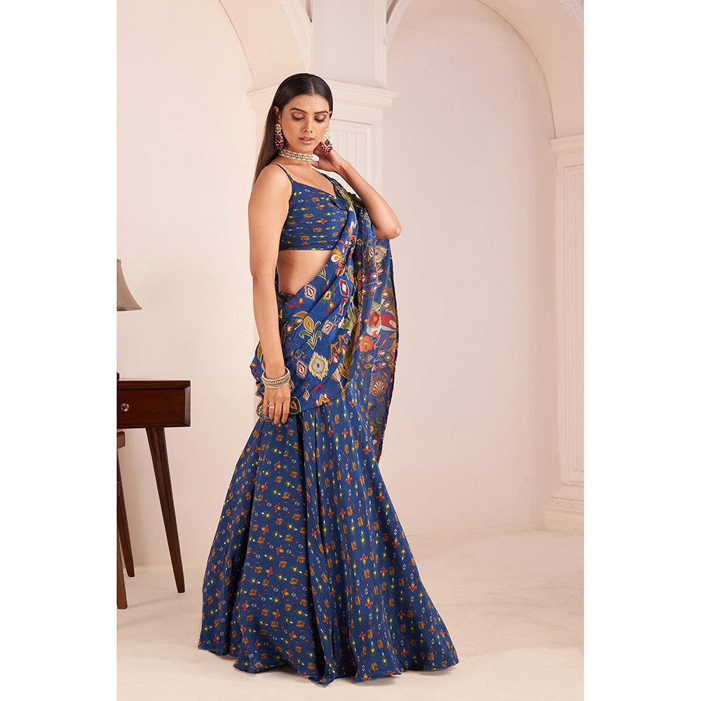 AFFROZ Blue Embroidered & Printed Lehenga Saree with Stitched Blouse