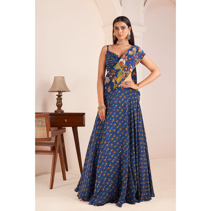 AFFROZ Blue Embroidered & Printed Lehenga Saree with Stitched Blouse