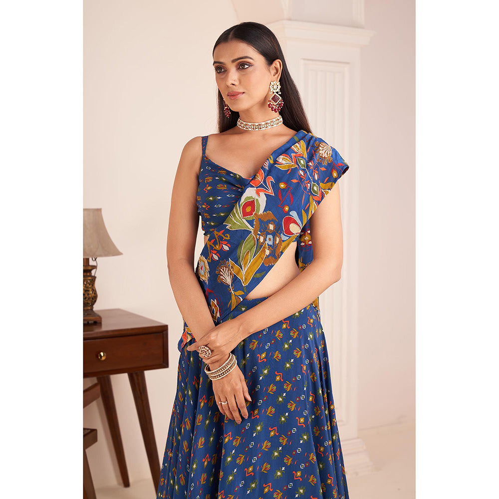 AFFROZ Blue Embroidered & Printed Lehenga Saree with Stitched Blouse