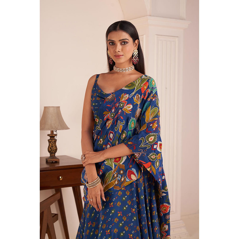 AFFROZ Blue Embroidered & Printed Lehenga Saree with Stitched Blouse