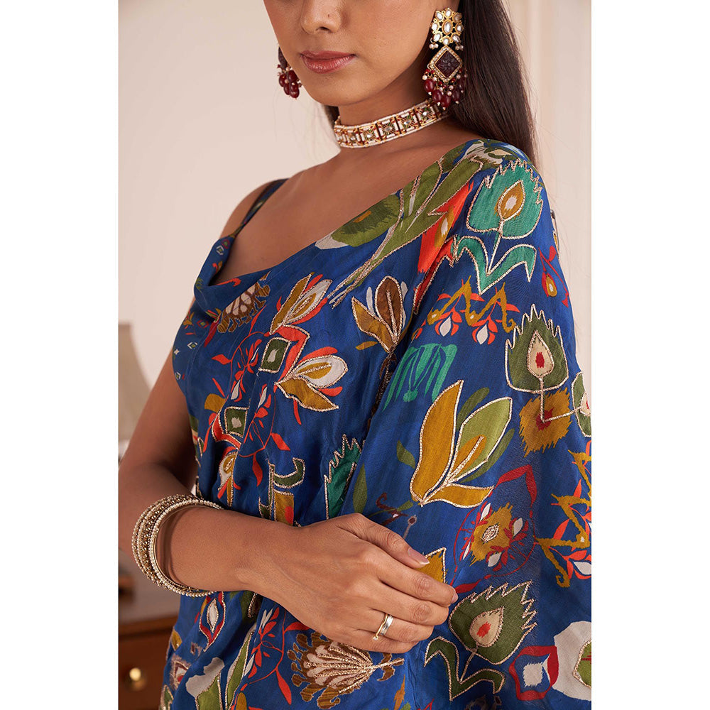 AFFROZ Blue Embroidered & Printed Lehenga Saree with Stitched Blouse