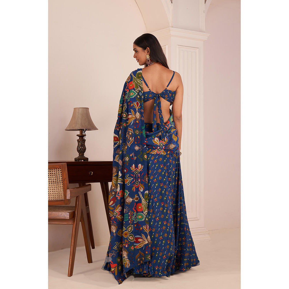 AFFROZ Blue Embroidered & Printed Lehenga Saree with Stitched Blouse