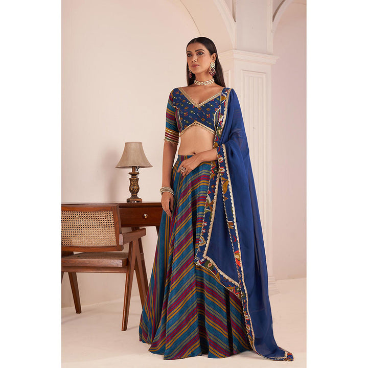 AFFROZ Blue Striped Lehenga with Embellished Blouse and Dupatta (Set of 3)