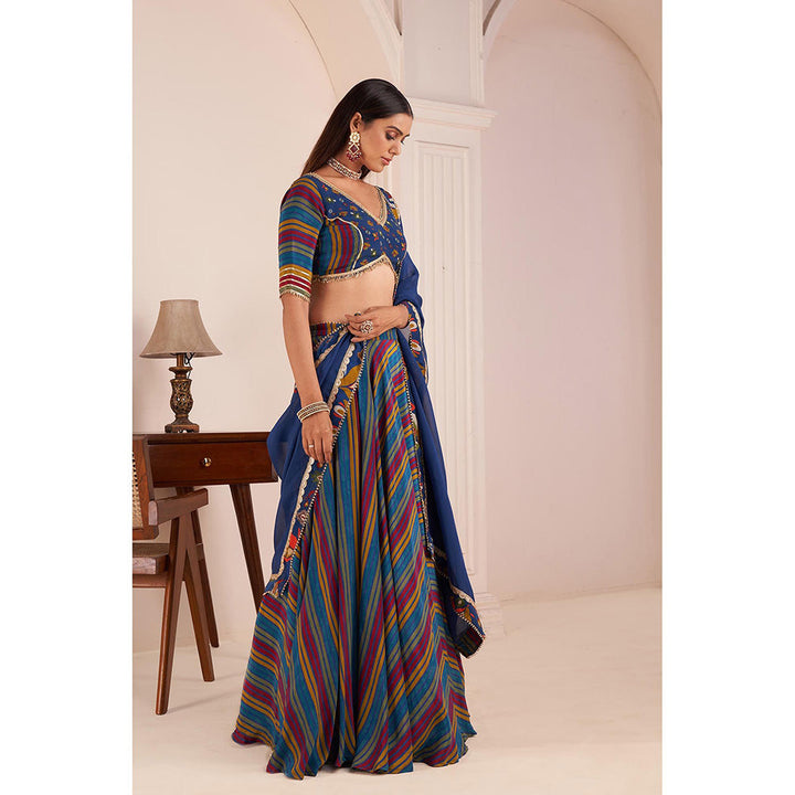 AFFROZ Blue Striped Lehenga with Embellished Blouse and Dupatta (Set of 3)