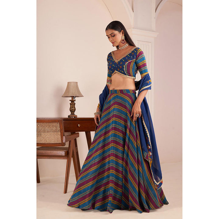 AFFROZ Blue Striped Lehenga with Embellished Blouse and Dupatta (Set of 3)