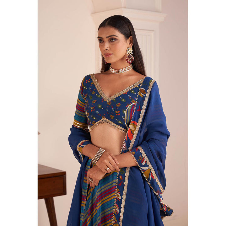 AFFROZ Blue Striped Lehenga with Embellished Blouse and Dupatta (Set of 3)