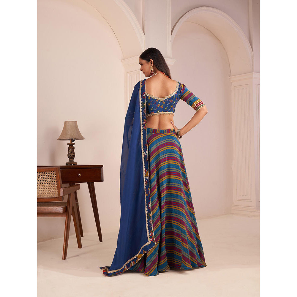 AFFROZ Blue Striped Lehenga with Embellished Blouse and Dupatta (Set of 3)