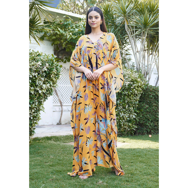 AFFROZ Summer Bloom Mustard Kaftan Jumpsuit with Inner (Set of 2)